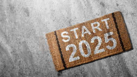 Brown doormat with text of start 2025. Happy New Year concept or New Year Celebration