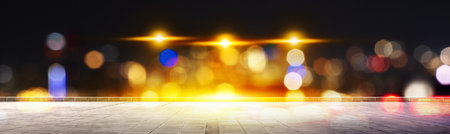 Empty rooftop balcony with view colorful bokeh lights background. Mock up or template. copy space. Blur backgroundの写真素材