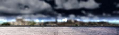 Empty rooftop balcony with view of blurred modern building skyscrapers and futuristic architecture....