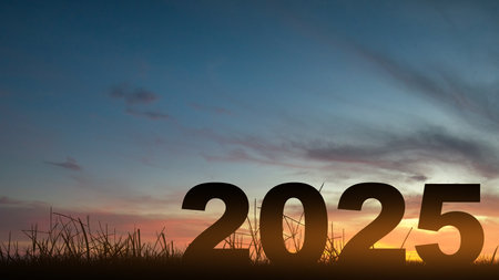Number of 2025 with sunrise scene background. Happy New Year concept or celebrationの写真素材