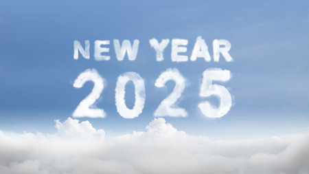 Clouds with text of New Year 2025 with blue sky background. Happy New Year concept or celebrationの写真素材