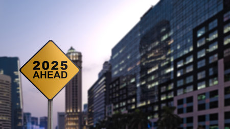 Pole sign with text of 2025 Ahead with modern building and skyscrapers background. Happy New Year...
