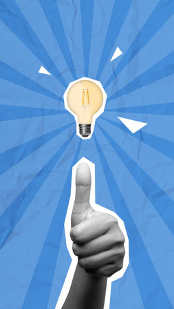 Human hand give thumb up with bright light bulb on colored background. Concept of Idea or solution. Collage artの写真素材