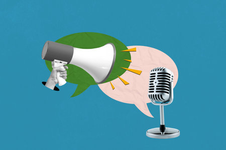 A human hand holding megaphone with a microphones and speech bubble on a colored background. Copy space. Concept of communication. Collage artの写真素材