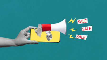 Human hand through mobile phone screen holding megaphone and yelling sale sale sale with a colored...