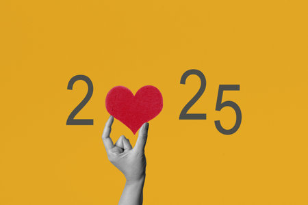 Human hand showing love on number of 2025 with colored background. Happy New Year concept or Celebration. Collage artの写真素材