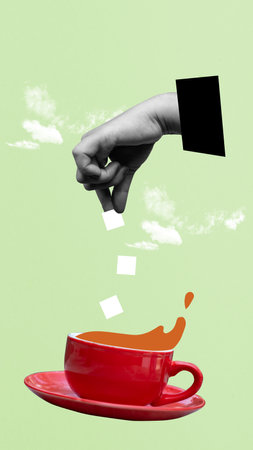 A human hand adds sugar cubes to the glass of coffee on a colored background. Collage artの写真素材