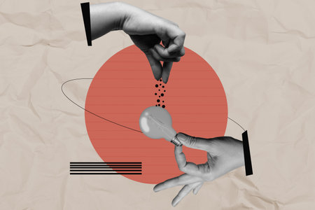 A human hand holding a light bulb and giving something to it with a colored background. Concept of...