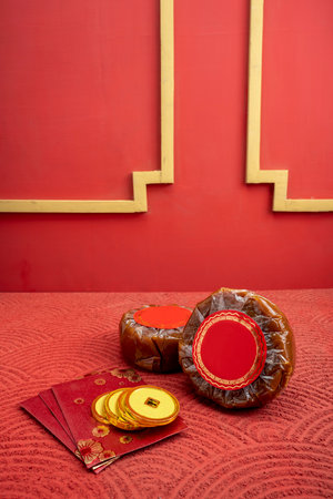 Chinese New Year rice cake or Nian Gao with angpao and Chinese golden coin on a red background. Also popular as Kue Keranjang or Dodol China. Food for celebrating Chinese Or Lunar New Yearの写真素材