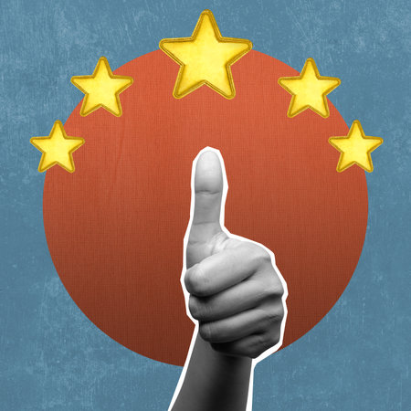 Human hand give a five star rating with thumb up gesture on a colored background. Concept of review...