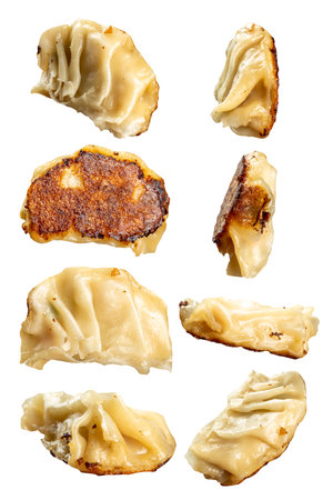 Set of angle view of fried chinese dim sum dumpling, gyoza, jiaozi or mandu isolated over white background. Food for breakfast, lunch or dinner. Chinese Or Lunar New Year decorationの写真素材