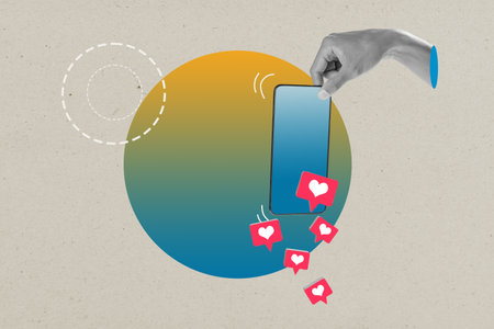 A human hand holding a mobile phone with flying hearts on a colored background. Copy space. Concept of love. Collage artの写真素材