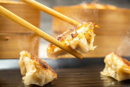 Human hand with chopstick eat fried chinese dim sum dumpling, gyoza, jiaozi or mandu on the table. Food for breakfast, lunch or dinner. Lunar New Year decorationの写真素材