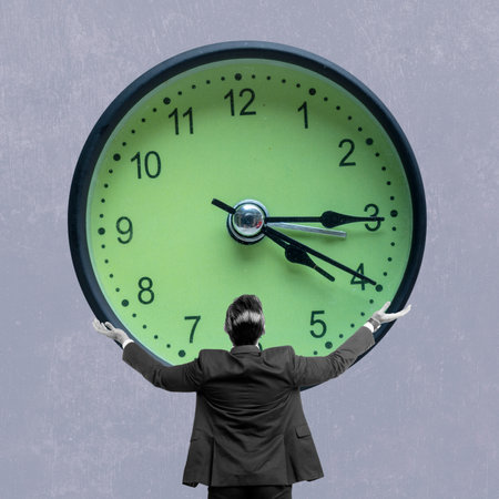 Rear view of a businessman holding a clock on a colored background. Concept of deadline. Collage artの写真素材