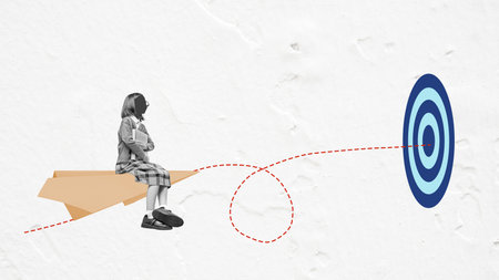 Student girl holding the book and sitting on a paper airplane and flying to the target on a colored...