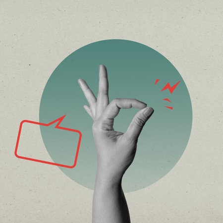 The human hand shows the ok sign gesture with a colored background. Collage artの写真素材
