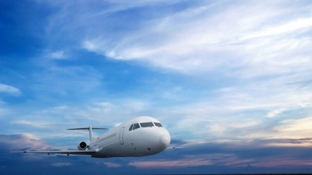 Commercial airplane flying in the sky with cloudscapes background. Travel by airplane concept