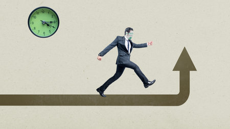 A businessman walking on the arrow with a clock on a colored background. Concept of business. Collage artの写真素材