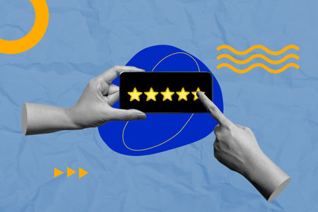 Human hand give a five star rating on mobile phone screen with a colored background. Concept of...