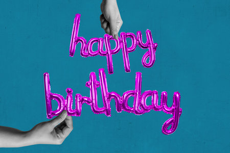 A human hand holding a balloon with the text of Happy Birthday on a colored background. Collage art...