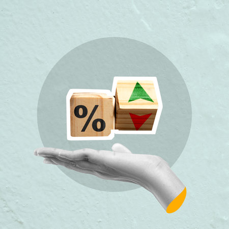 The human hand shows wooden cubes with a percentage symbol and the arrow transforms to pointing up. Concept of interest rate, business growth, sales, mortgage, or taxes. Collage artの写真素材