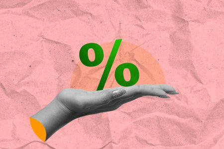 The human hand shows a percentage symbol. Concept of interest rate, business growth, sales, mortgage, or taxes. Collage artの写真素材
