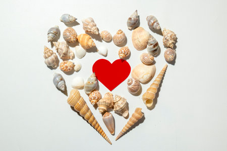 Red heart on heart shapes of seashells on a white background. Copy space. Mockup. Valentine Card. Decoration for Valentine celebrationの写真素材