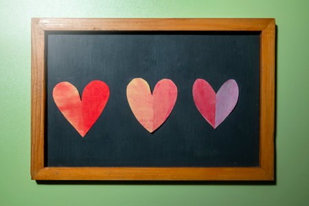 Red hearts on the chalkboard with a colored background. Copy space. Mockup. Valentine Card. Decoration for Valentine celebrationの写真素材