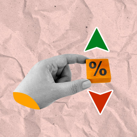 The human hand shows a cube with a percentage symbol and an arrow pointing up and down. Concept of...