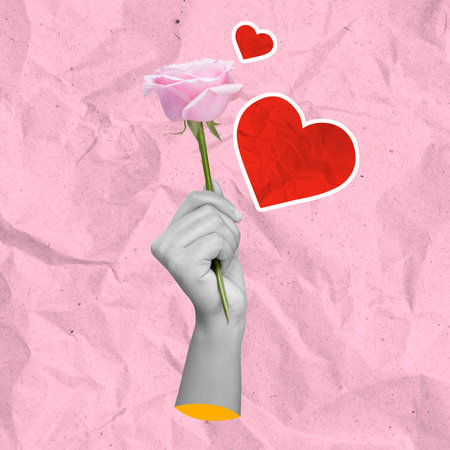 A human hand holding a pink rose flower with a red heart on a colored background. Concept of Valentine Day. Collage artの写真素材