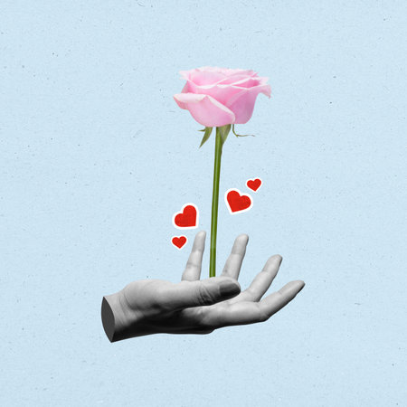 A human hand holding a pink rose flower with a red hearts on a colored background. Concept of Valentine Day. Collage artの写真素材