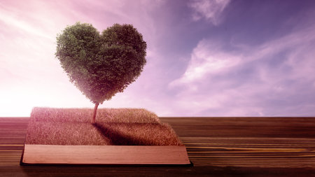 A tree with a heart shape in the field on the opened book with a dramatic sky background. Copy space. Decoration for Love or Valentine Day backgroundの写真素材