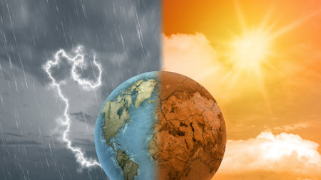 Scene of the earth with different weathers. Rain and thunders from the dark clouds with sunlight and heat weather from the sky. Concepts of extreme weather, climate change, or global warmingの写真素材
