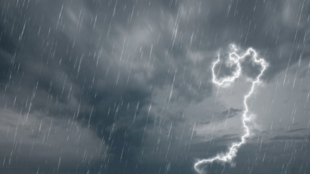Scene of rain and thunders striking from dark clouds with an overcast background. Concepts of...