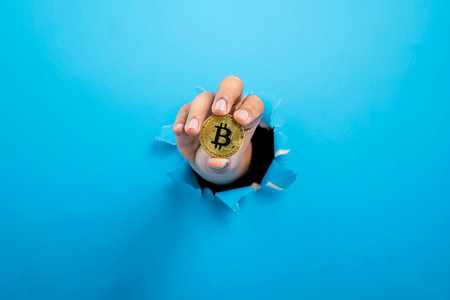 A human hand is holding a coin of bitcoin through ripped paper. Mockup or Copy space. Concept of...