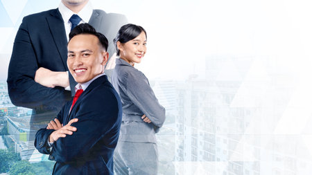 Portrait of business people in double exposure. Concept of business and teamworkの写真素材