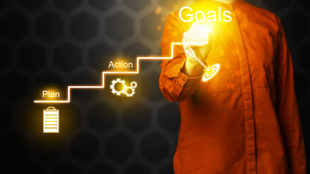 Business person with a pen mark showing step to reach goals. Data management system. Smart corporate and technology innovation on a virtual screen. Concept of business, finance, and global networkの写真素材