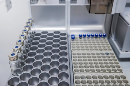 Sample of the test tube and glass bottle in the tray for analysis in the modern laboratory of the medicine factory. Ensuring quality controlの写真素材