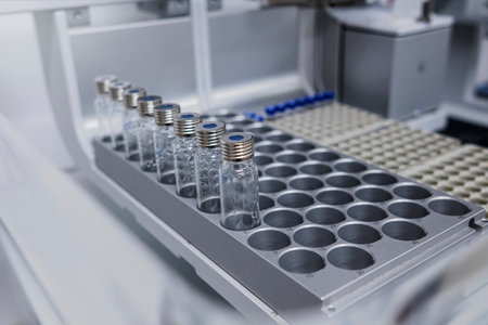 Sample of the test tube and glass bottle in the tray for analysis in the modern laboratory of the medicine factory. Ensuring quality controlの写真素材