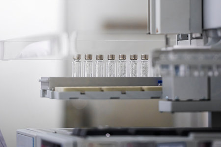 Sample of the test tube and glass bottle in the tray for analysis in the modern laboratory of the...