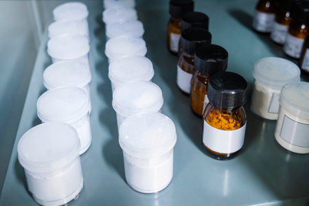 Shelf storage facility stocked with products of organized pill bottles in a modern sterile medicine factory environmentの写真素材