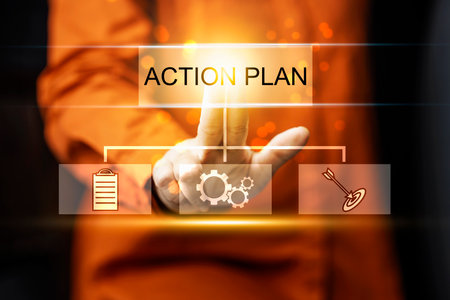Business person touching virtual icons interface of action plan. Data management system. Smart corporate and technology innovation on a virtual screen. Concept of business, finance, and global networkの写真素材