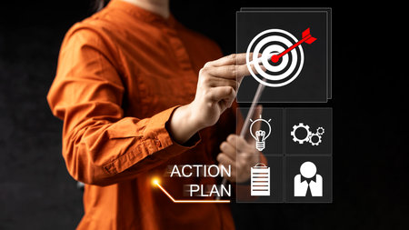 Business person touching virtual icons interface of action plan. Data management system. Smart corporate and technology innovation on a virtual screen. Concept of business, finance, and global networkの写真素材