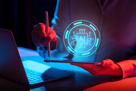 Business person with tablet showing virtual icons interface of AI artificial intelligence. Data management system. Smart corporate and technology innovation. Concept of AI artificial intelligenceの写真素材