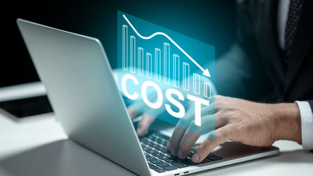 Businessman typing on a laptop with a downward chart of cost. Technology innovation on a virtual screen. Concept of cost reduction, business performance management, and improvementの写真素材