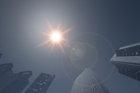 Sunrays or sunlight effect, lens flare, light leaks, overlays, or flare light with skyscrapers and a modern building. Glow, bright, and shineの写真素材