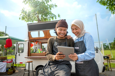 Indonesian southeast asian male and a Chinese muslim female in hijab couple baristas using a tablet in front of their coffee shop. A small business of a coffee shop or cafe on a truckの写真素材