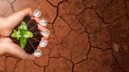 Human hand holding green plant on soil with recycling and renewable energy icon. Concept of renewable energy, environment, and ecologyの写真素材