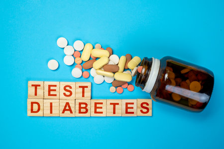 Pills from a container with the text of a diabetes test on wooden cubes. Concept of diabetes or a healthy lifestyleの写真素材