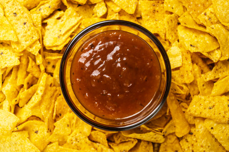 Closeup view of nachos tortilla chips with salsa barbecue sauce in a glass bowl. Food and snacks conceptの写真素材